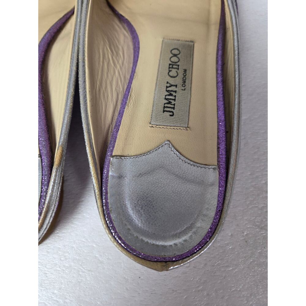 Jimmy Choo Slip On Backless Flats Silver Sparkle Designer 37 1/2 Floral Metalic - Picture 6 of 13
